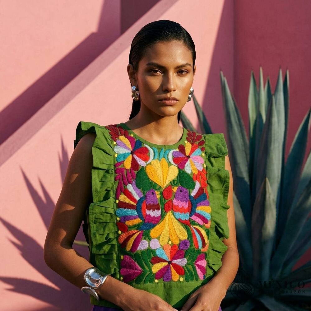 Green Mexican Cotton Blouse – Talavera Embroidery, Adjustable Back Ties XS-M-L